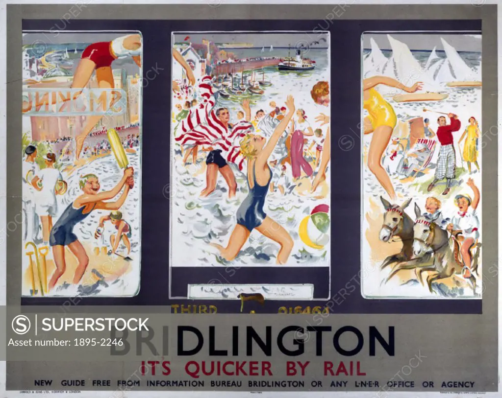 Poster produced for London & North Eastern Railway (LNER) to promote rail travel to Bridlington, North Yorkshire. The poster shows a raucous beach sce...