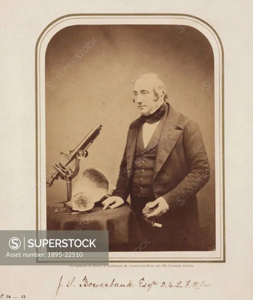Studio portrait photograph by Maull and Polyblank. Bowerbank (1797-1877) lectured on botany and human osteology (a branch of anatomy dealing with the ...