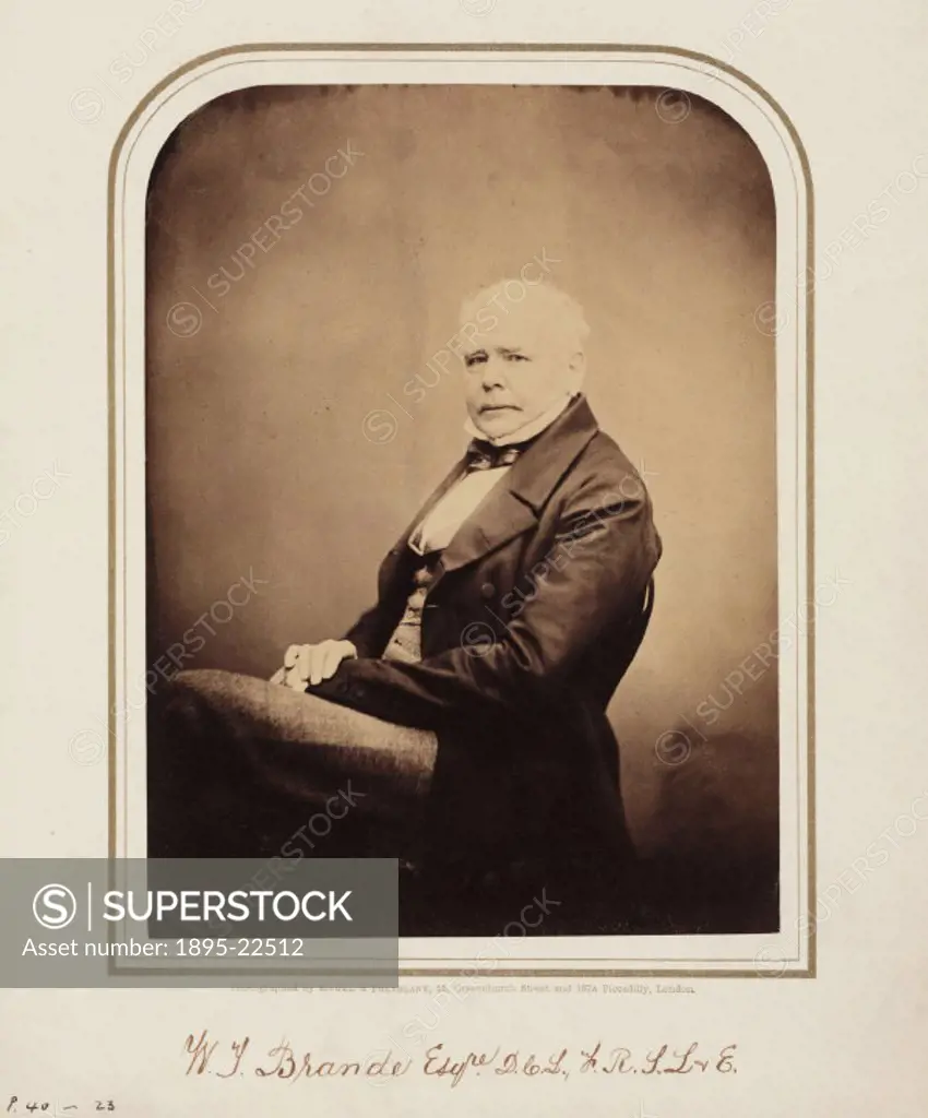 Studio portrait photograph by Maull & Polyblank of William Thomas Brande (1788-1866). Brande was apprenticed as an apothecary and also studied medicin...