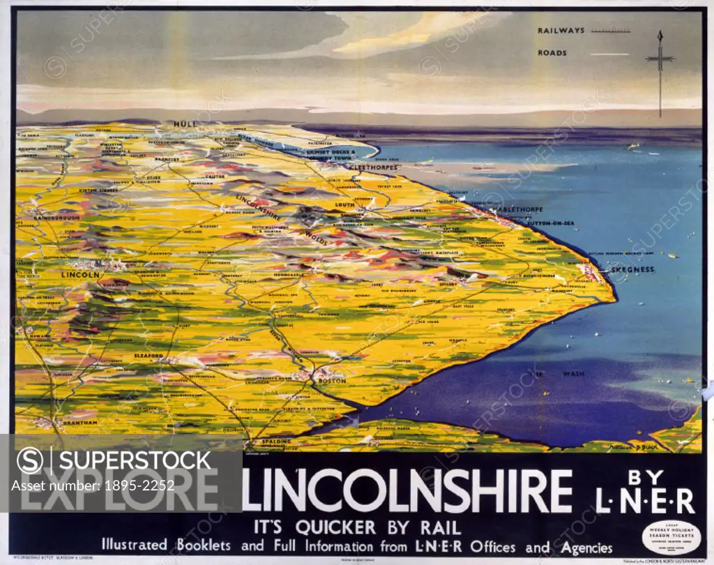 Poster produced for London & North Eastern Railway (LNER) to promote rail travel to and within Lilncolnshire. This poster is one of a series of six bi...