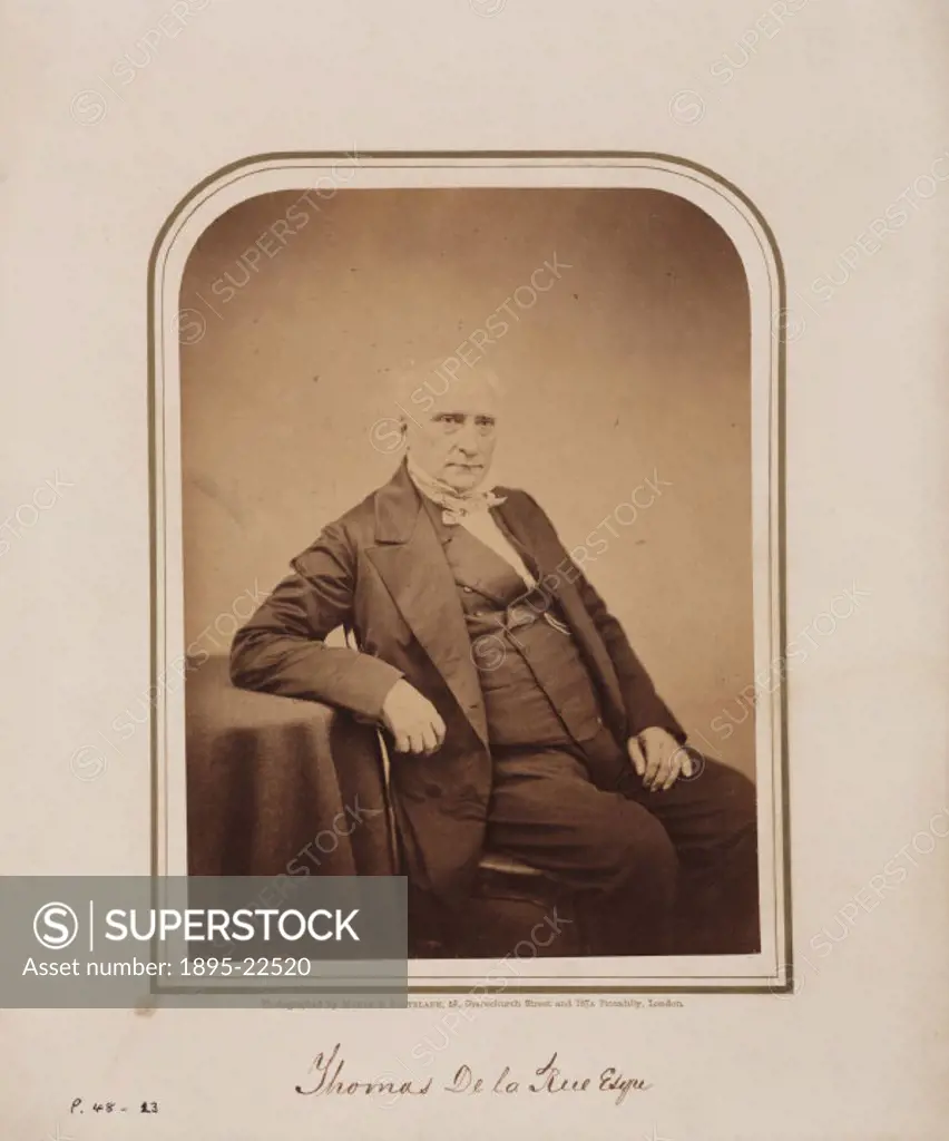 Studio portrait photograph by Maull and Polyblank of Thomas de la Rue (1793-1866). De la Rue founded a London firm which produced card and ornamental ...