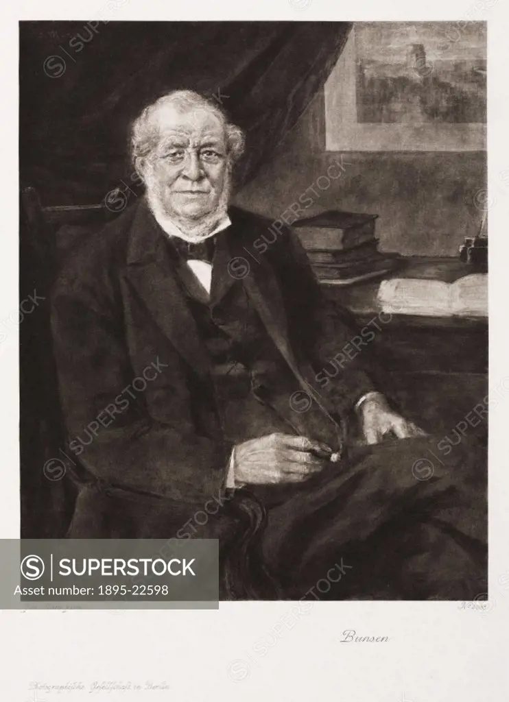 Photogravure after a painting by J Marx. Bunsen (1811-1899) was Professor of Chemistry at Heidelberg from 1852 onwards. His research supported the the...
