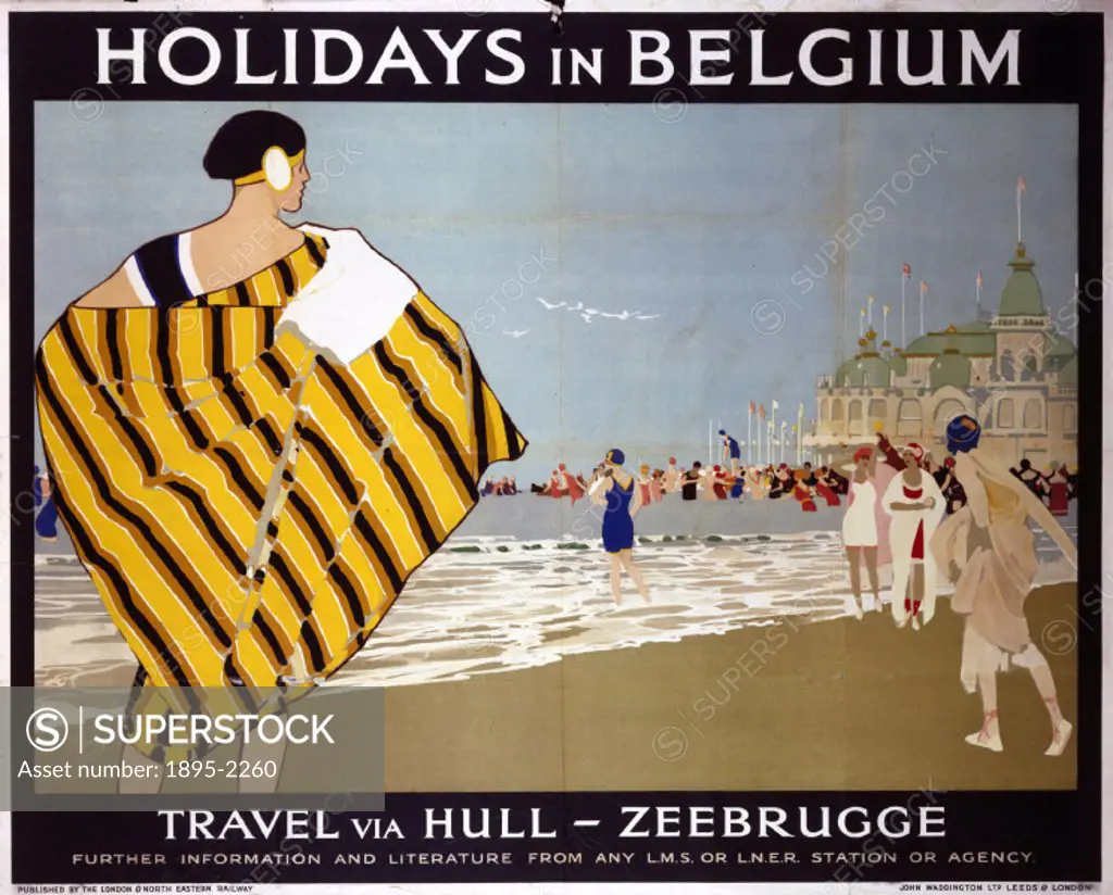 Poster produced for London, Midland & Scottish Railway (LMS) and London & North Eastern Railway (LNER) to promote the companies services to Zeebrugge...