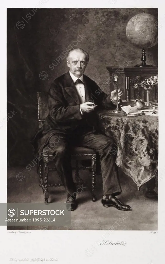 Photogravure after a painting by Ludwig Knaus. Helmholtz (1821-1894) studied a very broad range of subjects, including physics, physiology, and mathem...
