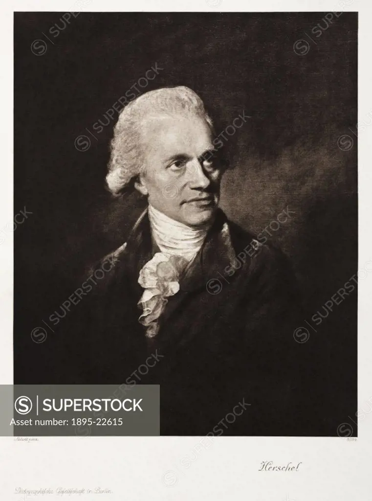 Photogravure after a painting by Lemuel Abbott. Herschel (1738-1822) is portrayed against a background representing part of the constellation of Gemin...