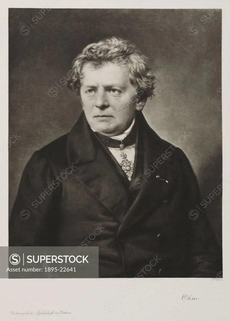Photogravure after a painting. George Simon Ohm (1789-1854) was Professor of Physics at Nuremburg and Munich Universities. He is famous for discoverin...