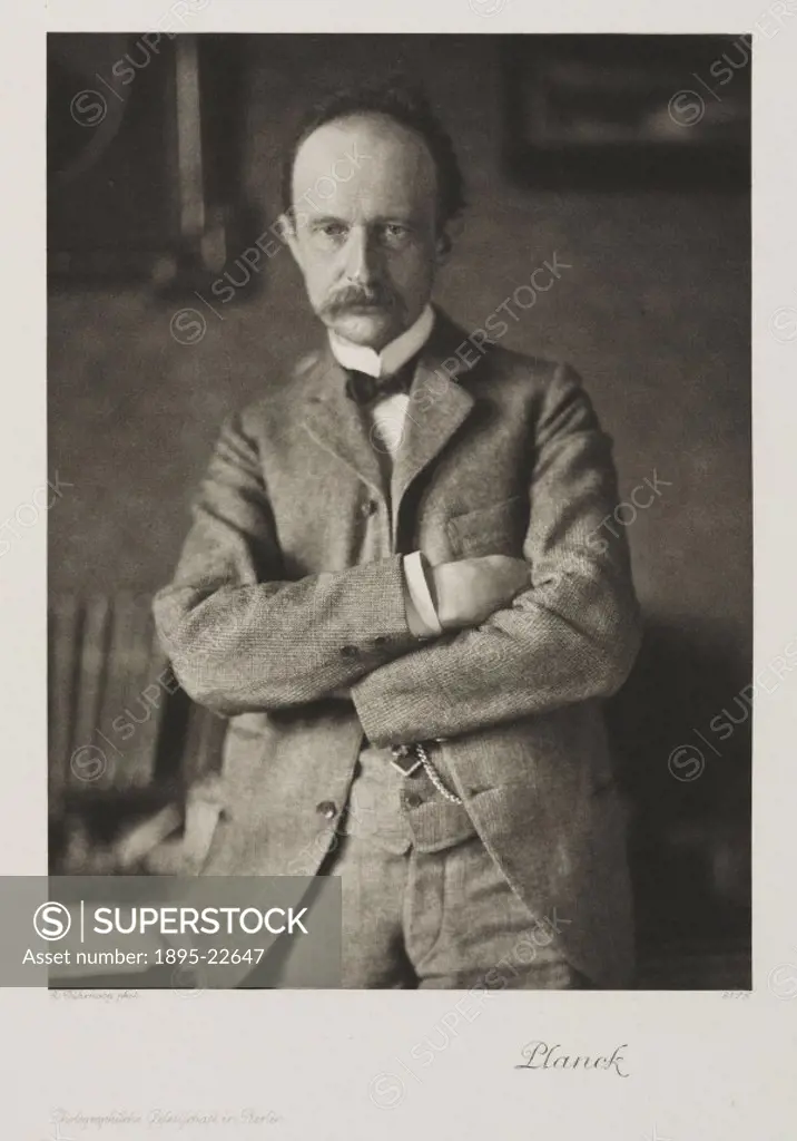 Photogravure after a photograph by Rudolf Duhrkoop of Max Planck (1858-1947). Born in Kiel, Germany, Planck studied at Munich and Berlin Universities,...