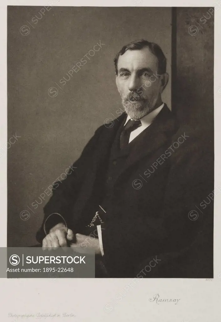 Photogravure after a painting or photograph of Sir William Ramsay (1852-1916). Ramsay was professor of Chemistry  in Bristol (1880-87) and at Universi...