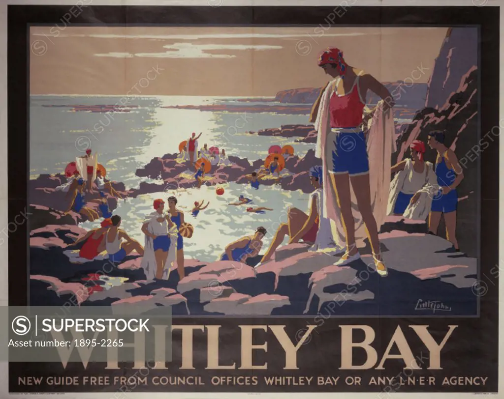 Poster produced for London & North Eastern Railway (LNER) to promote the popular coastal resort of Whitley Bay, Tyne and Wear. The poster shows bathin...