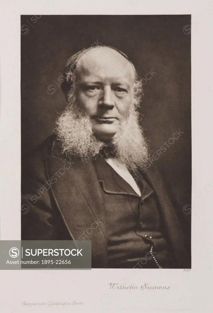Photogravure after a photograph of Sir Charles William Siemens, originally Karl Wilhelm Siemens (1823-1883), German-born engineer and pioneer of the s...