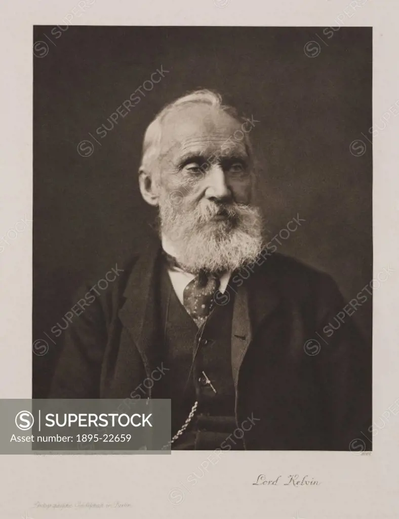 Photogravure after a photograph of Lord Kelvin (1824-1907), c 1900. Kelvin was born William Thomson and was educated at Glasgow and Cambridge. He was ...