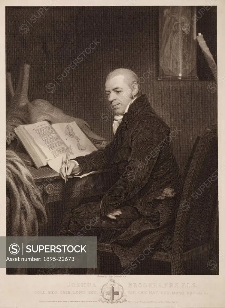 Engraving by James Fittler after a painting by T Phillips. Brookes (1761-1833) is seated in front of a desk upon which there is an open copy of an ana...
