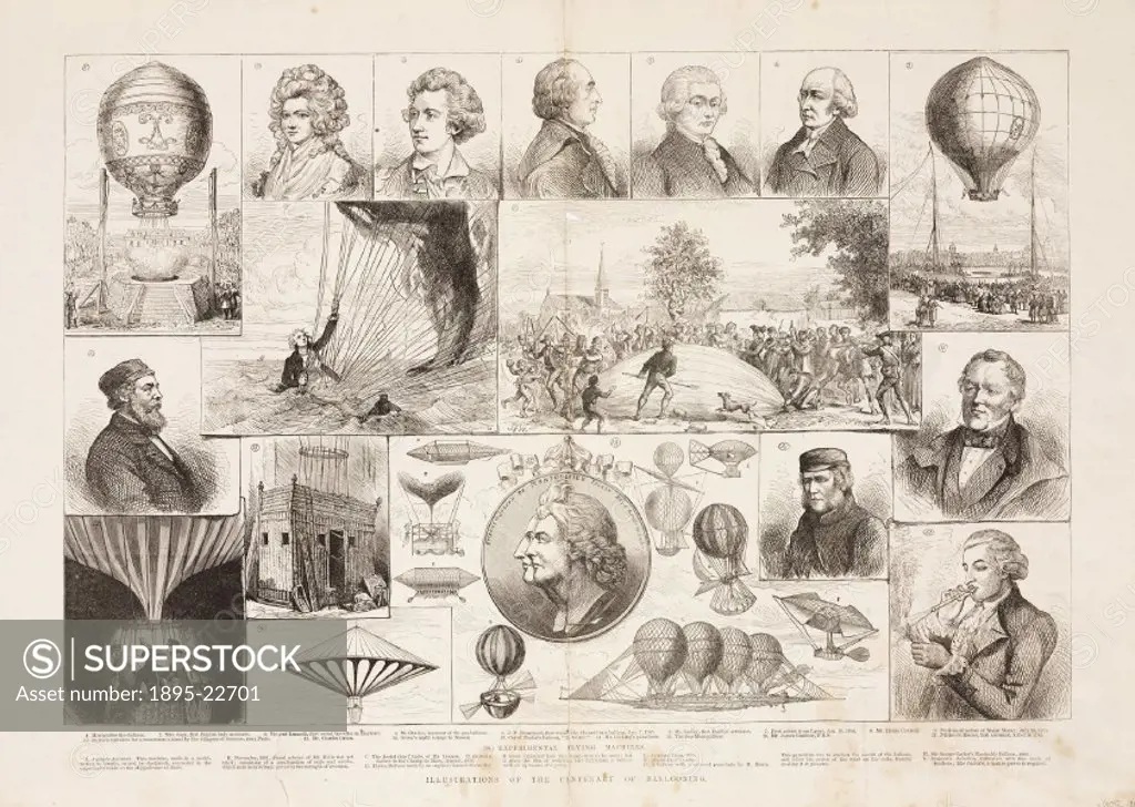 ´An extract from The Illustrated London News’ celebrating the centenary of ballooning in 1883. The portraits are of famous aeronauts and aerial trave...