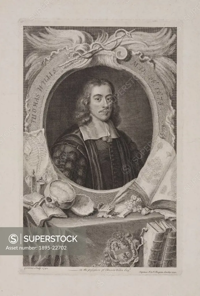 Engraving by George Vertue, 1742, after a portrait of Thomas Willis MD (1621-1675), c 1660. Willis was one of a small group of natural philosophers wh...