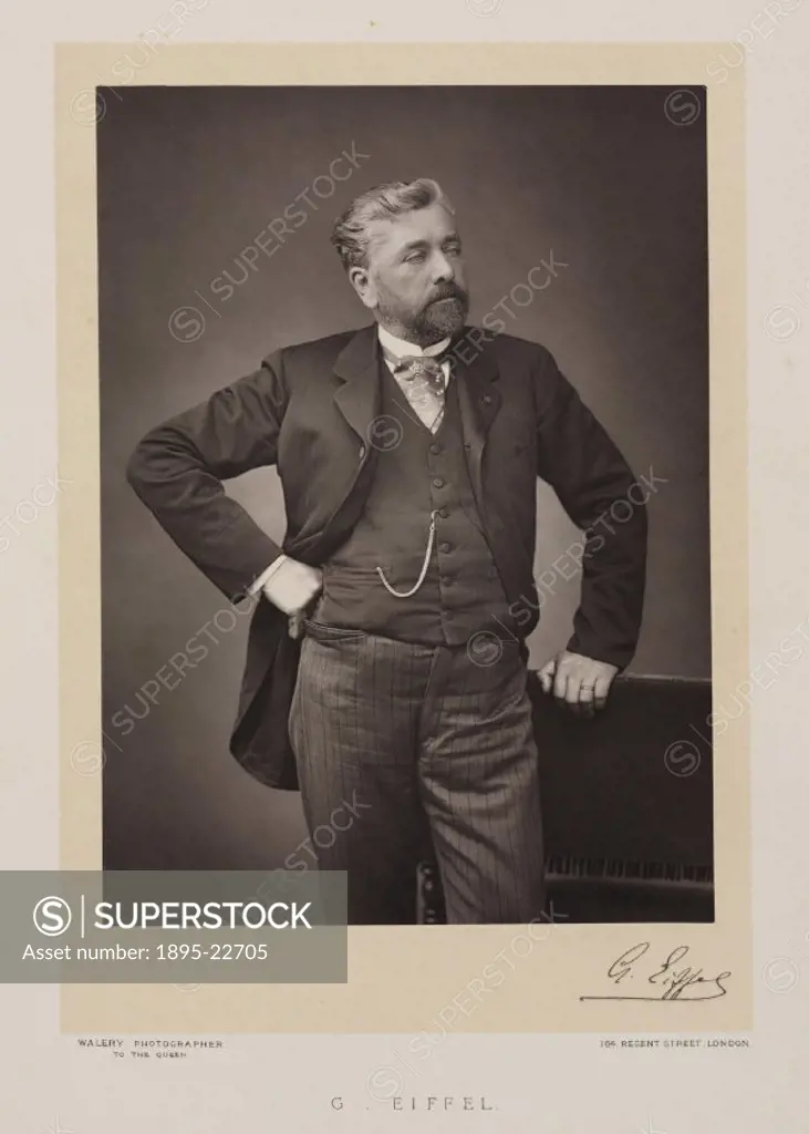 Photograph by Walery with Eiffels facsimile signature. Alexandre Gustave Eiffel (1832-1923). Eiffel designed several notable bridges and viaducts bef...