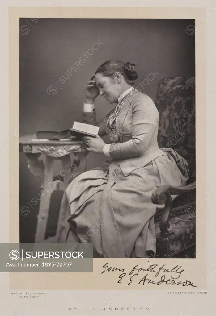 Studio photograph by Walery, with facsimile of Anderson´s signature. Elizabeth Garrett Anderson (1836-1917) was the first woman doctor in England. And...