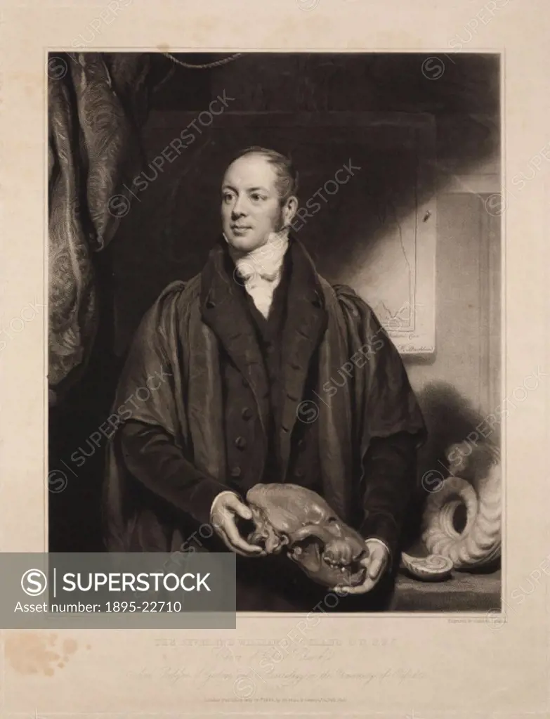 Mezzotint by S Cousins after an original painting by T Phillips. Buckland (1784-1856) is shown here in his academic robes, holding an animal skull. Ot...
