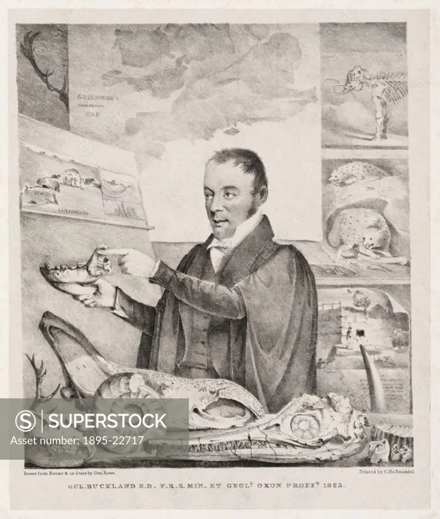 Lithograph by George Rowe showing Buckland (1784-1856) lecturing. He is holding a large bone specimen, with other fossils and skulls on the bench in f...