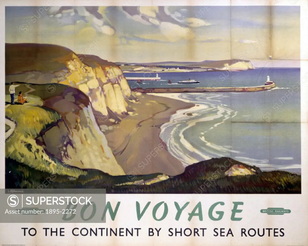 Poster produced for British Railways (BR) to promote the companys short sea routes to the Continent. Artwork by Leonard Richmond (d 1965).