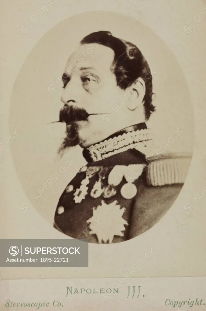 Carte de visite photograph by the Sterescopic Company, London. Napoleon III (1808-1873) assumed the title of Emperor of France in 1852, and the follow...
