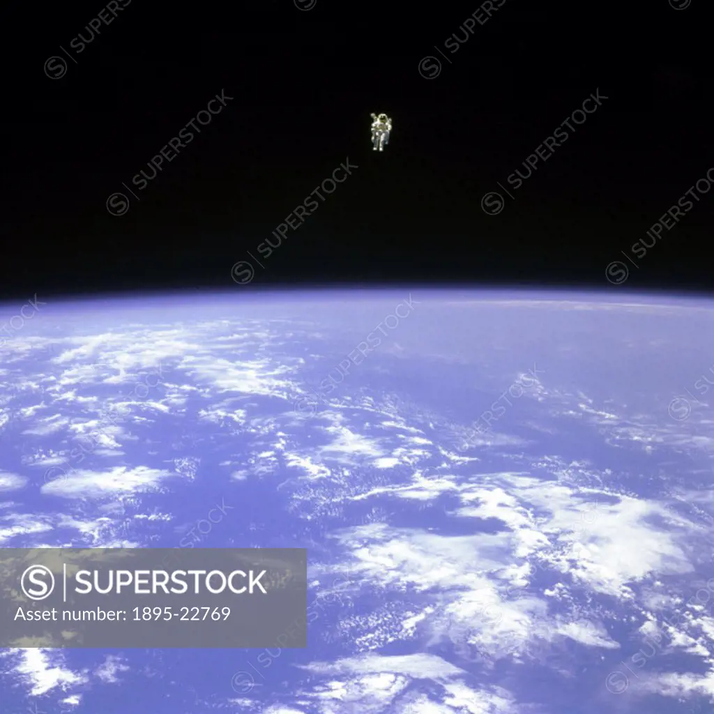 Mission Specialist Bruce McCandless II is seen further away from the confines and safety of his ship than any previous astronaut has ever been. This s...