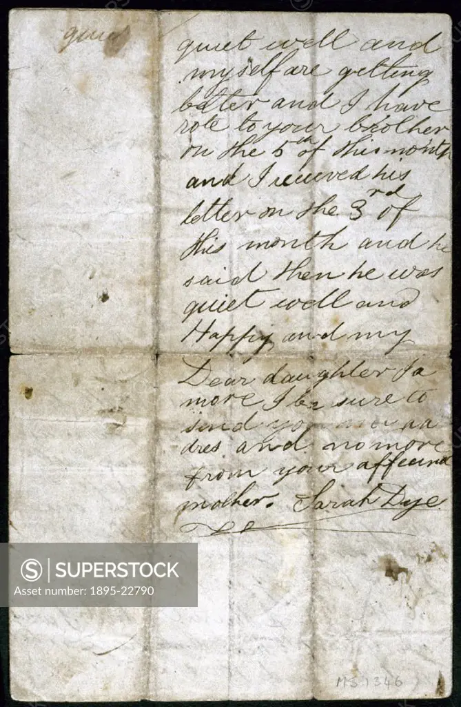 Letter from Sarah Dye, the mother of soldier Samuel Clark, who was under English nurse and hospital reformer Florence Nightingales (1820-1910) care a...