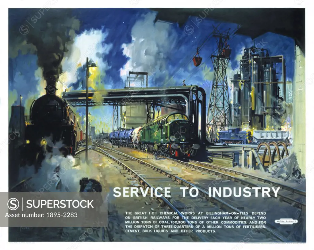 Poster produced for British Railways (BR) to advertise the companys services to industry. The poster shows locomotives arriving and departing at the ...