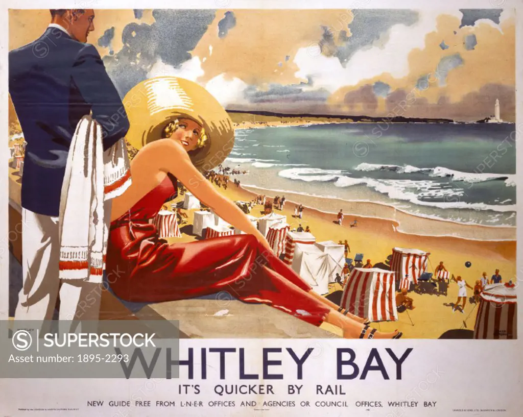 Poster produced by London & North Eastern Railway (LNER) to promote rail services to Whitley Bay, Tyne and Wear. The poster shows a woman in a large s...