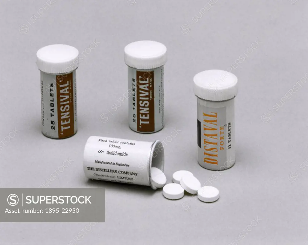 ´Two containers of 25 Tensival tablets (left and rear centre), which contain hydrochlorothiazide (Direma) and thalidomide; a container of 12 x 100 mg ...