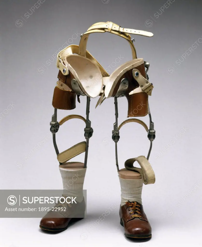 A pair of artificial legs worn by Eddie Freeman, a child affected by the drug thalidomide. Made at the Limb Fitting Centre at Queen Mary´s Hospital, R...