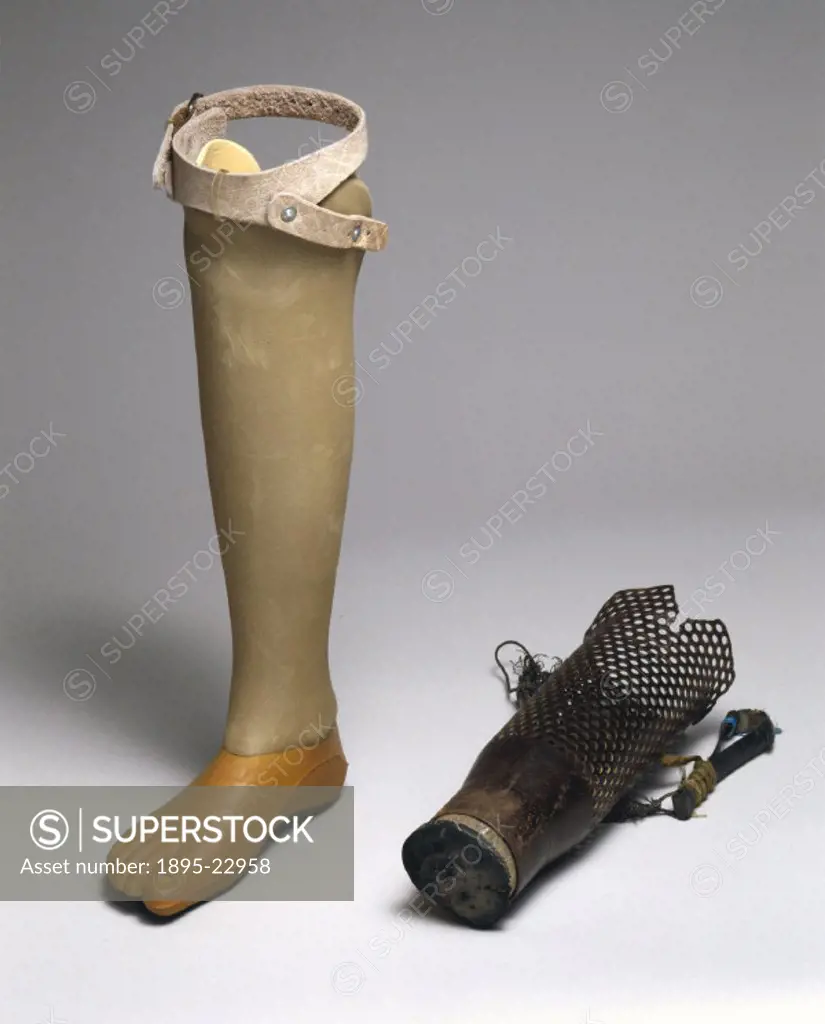Artificial leg for a below-knee amputee, 1998, (left). These replacement legs are made almost entirely of the commercial plastic polypropylene and are...