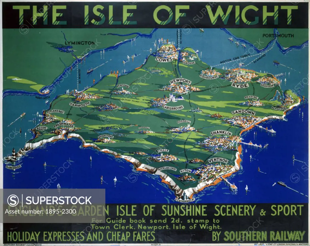 Poster produced for Southern Railway (SR) to promote the railways holiday expresses and cheap fares to the Isle of Wight. The poster shows a map of t...