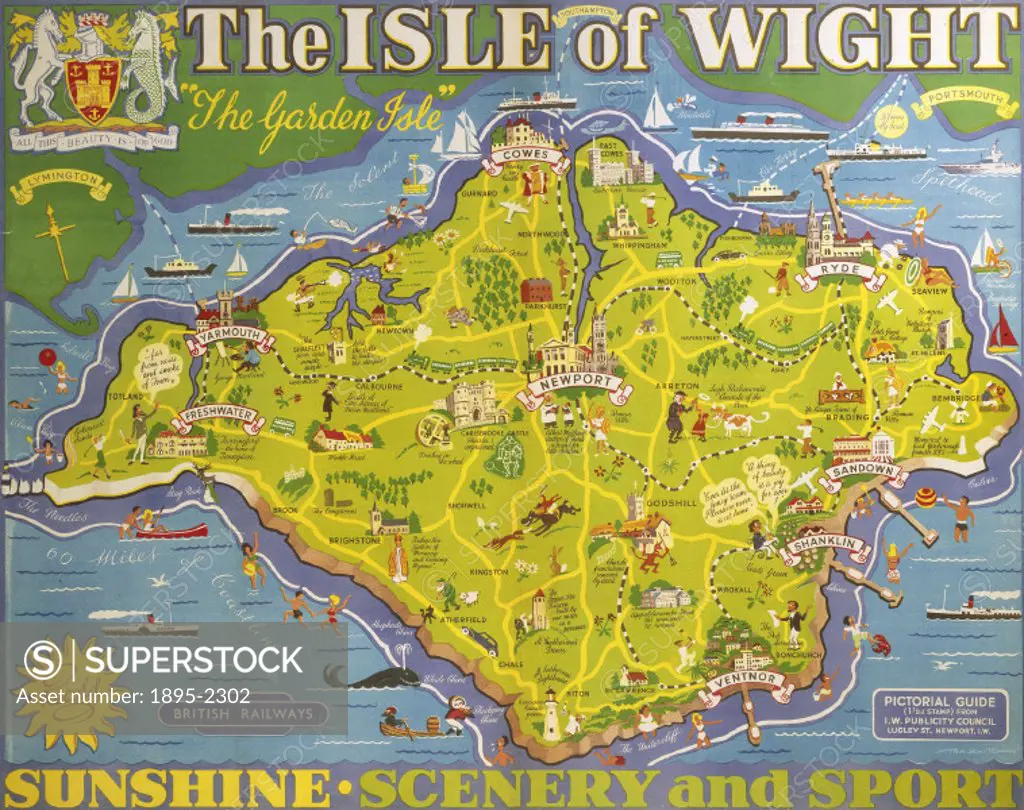 Poster produced for British Railways (BR) to promote rail travel to and within the Isle of Wight. The poster shows a map of the island, The Garden Is...