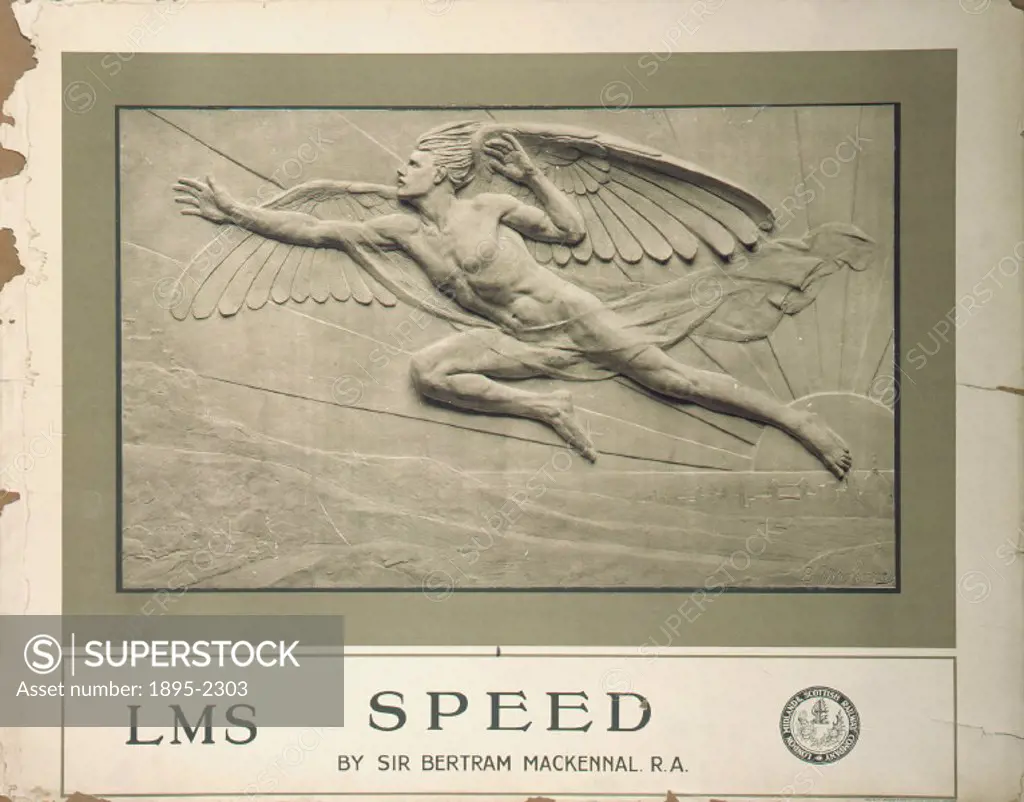 Poster produced for the London, Midland & Scottish Railway (LMS), showing a relief sculpture of a flying winged man, by the sculptor, Sir Bertram MacK...