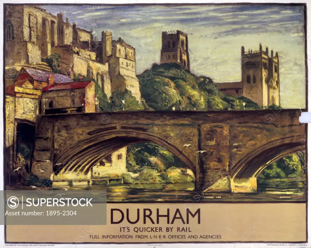 Poster produced for London & North Eastern Railway (LNER) to promote rail travel to the historic city of Durham. Artwork by Sydney Lee (1866-1949). Di...