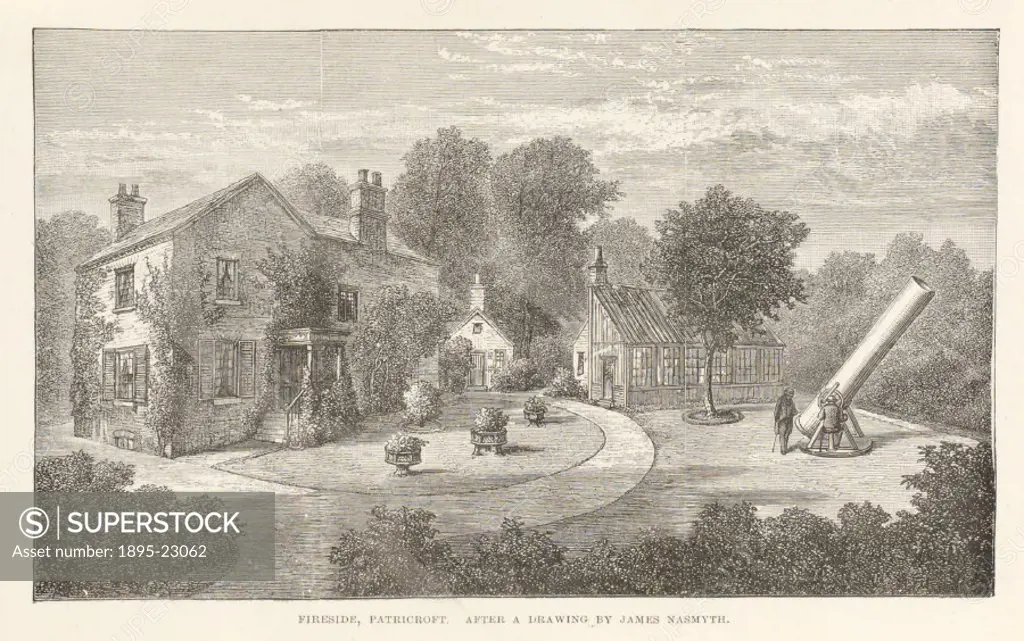 This engraving from his autobiography shows James Nasmyth (1808-1890) in the garden of his home in Patricroft, Manchester. Now best remembered for dev...