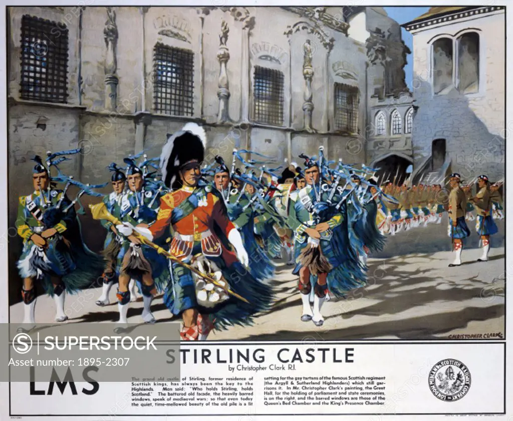 Poster produced by London, Midland & Scottish Railway (LMS) to promote rail travel to Stirling in Scotland. The poster shows a procession of the Scott...