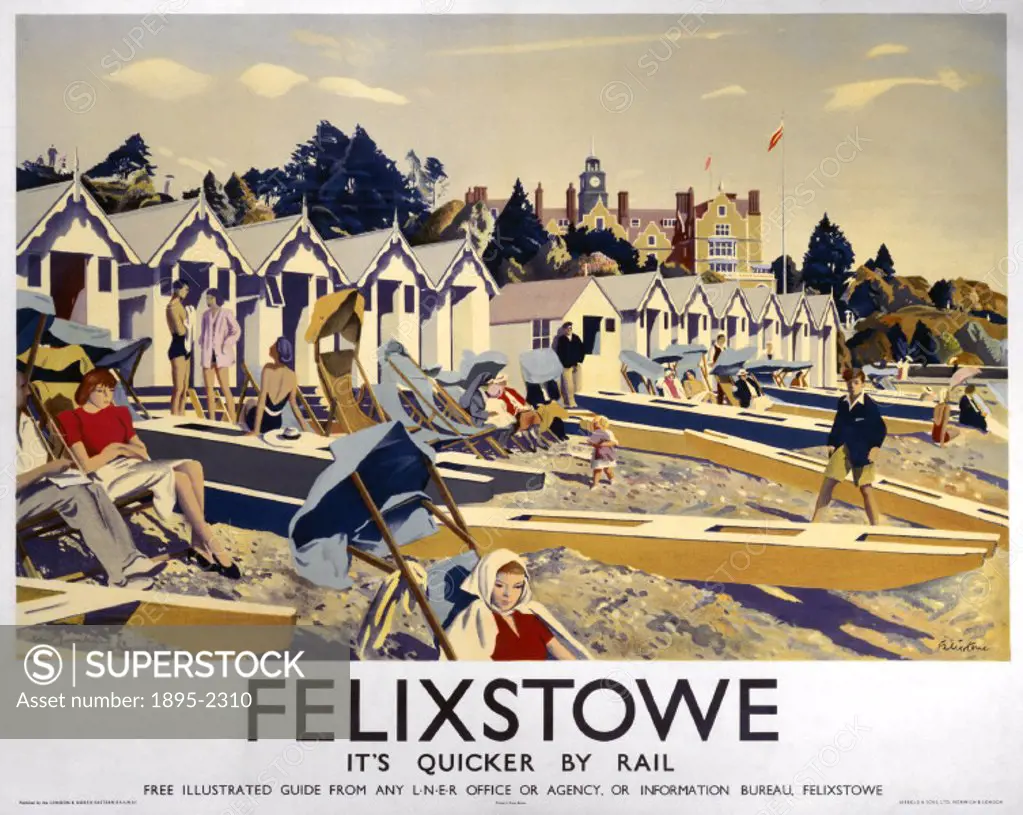 London & North Eastern Railway (LNER) poster promoting services to the Suffolk seaside resort of Felixstowe. Artwork  by Robert Swinham.