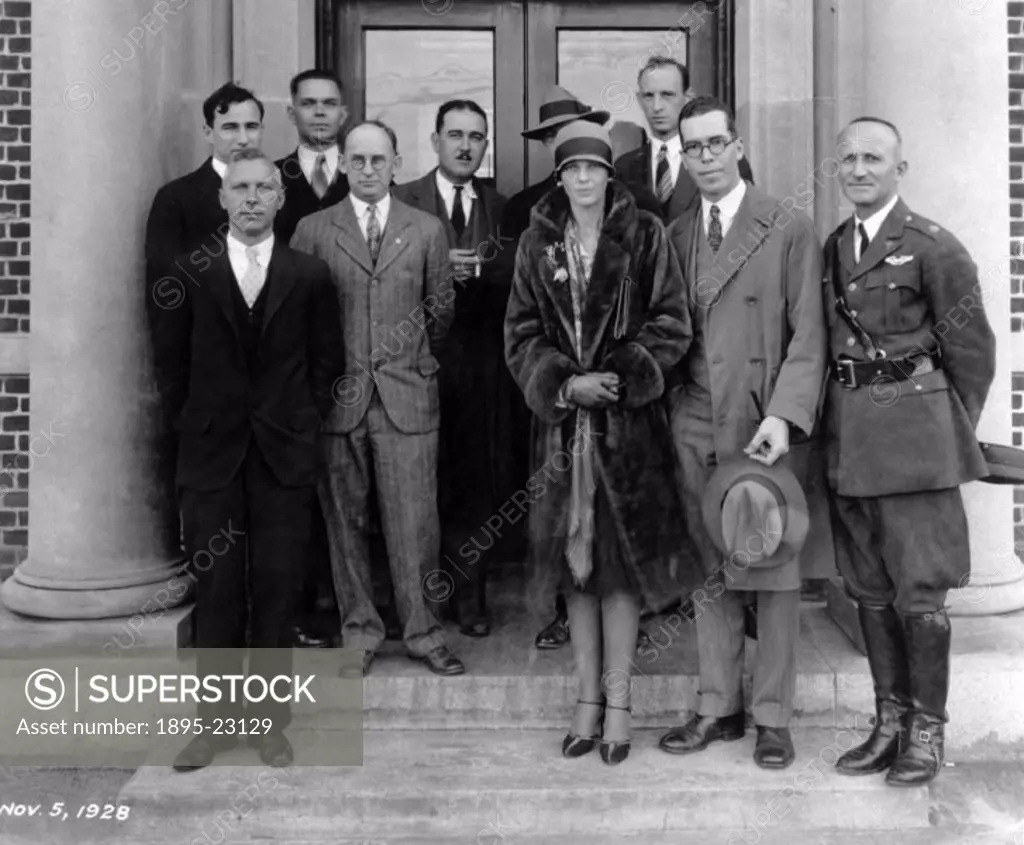 Group photograph on steps of Langley Research Building, NACA [National Advisory Committee On Aeronautics, USA. Front row (left to right): EA Meyers,...