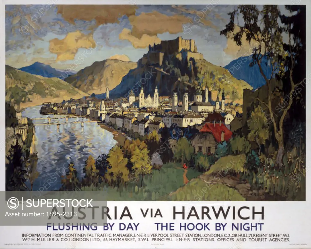 London & North Eastern Railway (LNER) poster advertsing services to Austria via the Essex seaport of Harwich. Artwork by Gorbatoff.