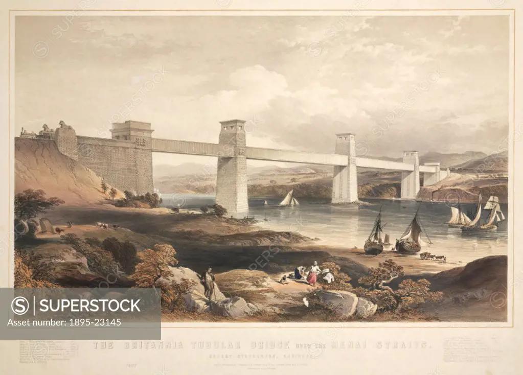 Coloured lithograph drawn and lithographed by George Hawkins (1819-1852), showing a view of the completed of the Britannia Tubular Bridge. The Britann...