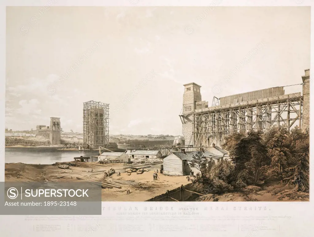 Coloured lithograph by George Hawkins (1819-1852), showing a view of the construction of the Britannia Tubular Bridge over the Menai Straits. The Brit...