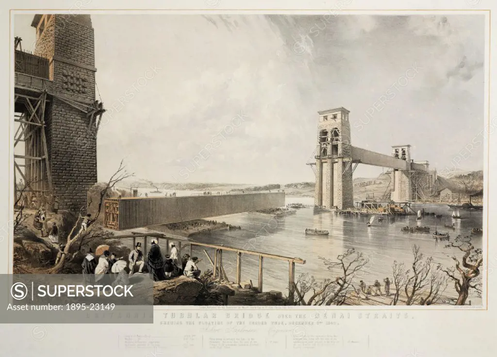 Coloured lithograph by George Hawkins (1819-1852), showing a view of the floating of the second tube’ during the construction of the Britannia Tubula...