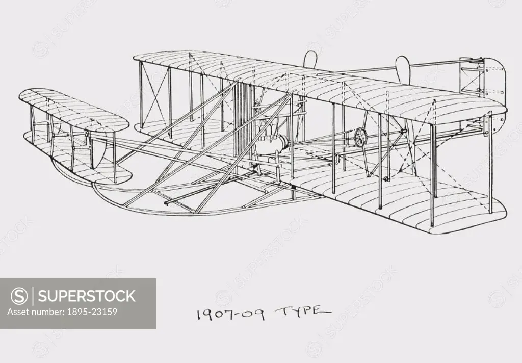 Contemporary drawing showing the launching tow-rod. Wilbur (1867-1912) and his brother, Orville (1871-1948), were self-taught American aeroplane pione...