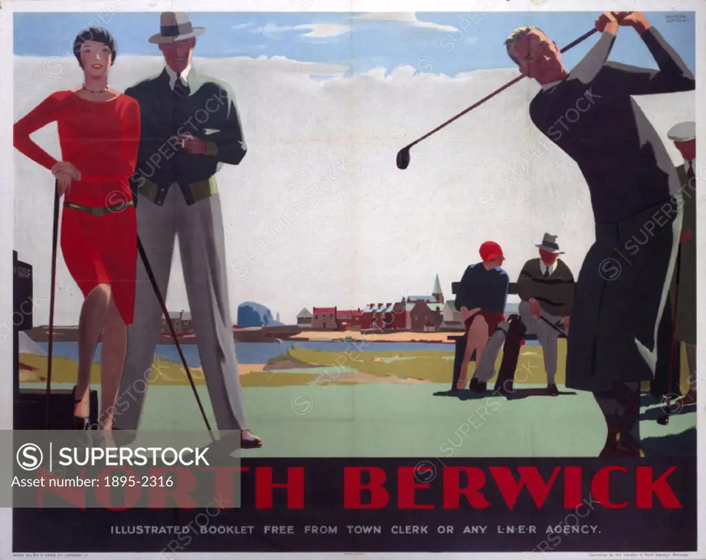 London & North Eastern Railway (LNER) poster showing a golfing scene to advertise rail services to the East Lothian town of North Berwick. Artwork by ...