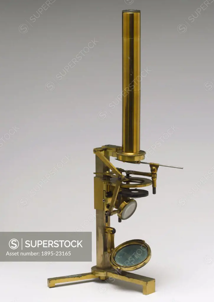 Microscope made by Giovanni Battista Amici (1786-1868). It has one eyepiece and one high-power object glass. The stage bullseye’ lens on a jointed ar...