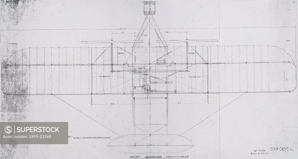 Plan of the aircraft in which Orville Wright (1871-1948) and Wilbur Wright (1867-1912) made the world´s first controlled and powered flight at Kitty H...