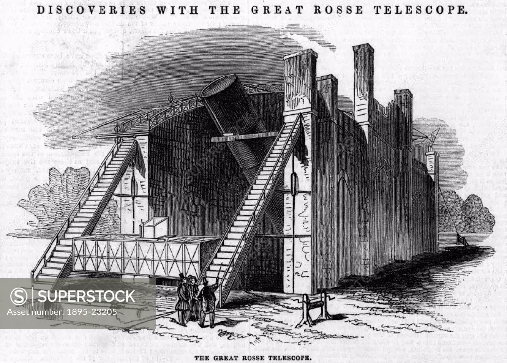 Engraving from the Illustrated London News, 19 April 1845, showing the Great Rosse Telescope. Built by William Parsons, Third Earl of Rosse (1800-1867...