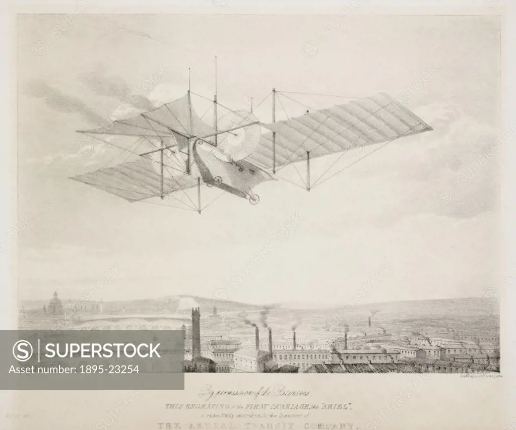 Lithograph by W L Walton, dedicated to the directors of the Aerial Transport Company, showing the Ariel’ in flight above an industrial town. William ...