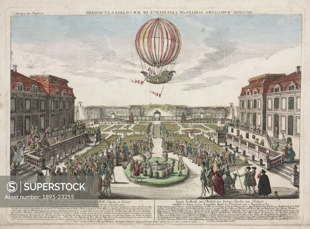 Coloured print entitled Seconds Voyageurs Aeriens, ou Experience de Charles et Robert’, showing Charles and Robert’s balloon ascent from the gardens ...